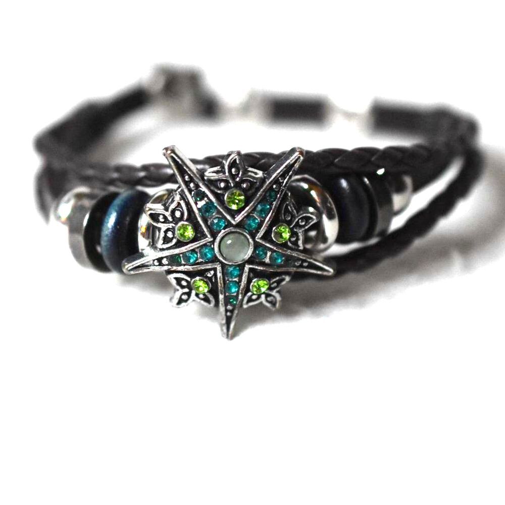 Yik Fung Layered Leather Blue/Green Rhinestone Star Burst 7"-8" Snap Bracelet